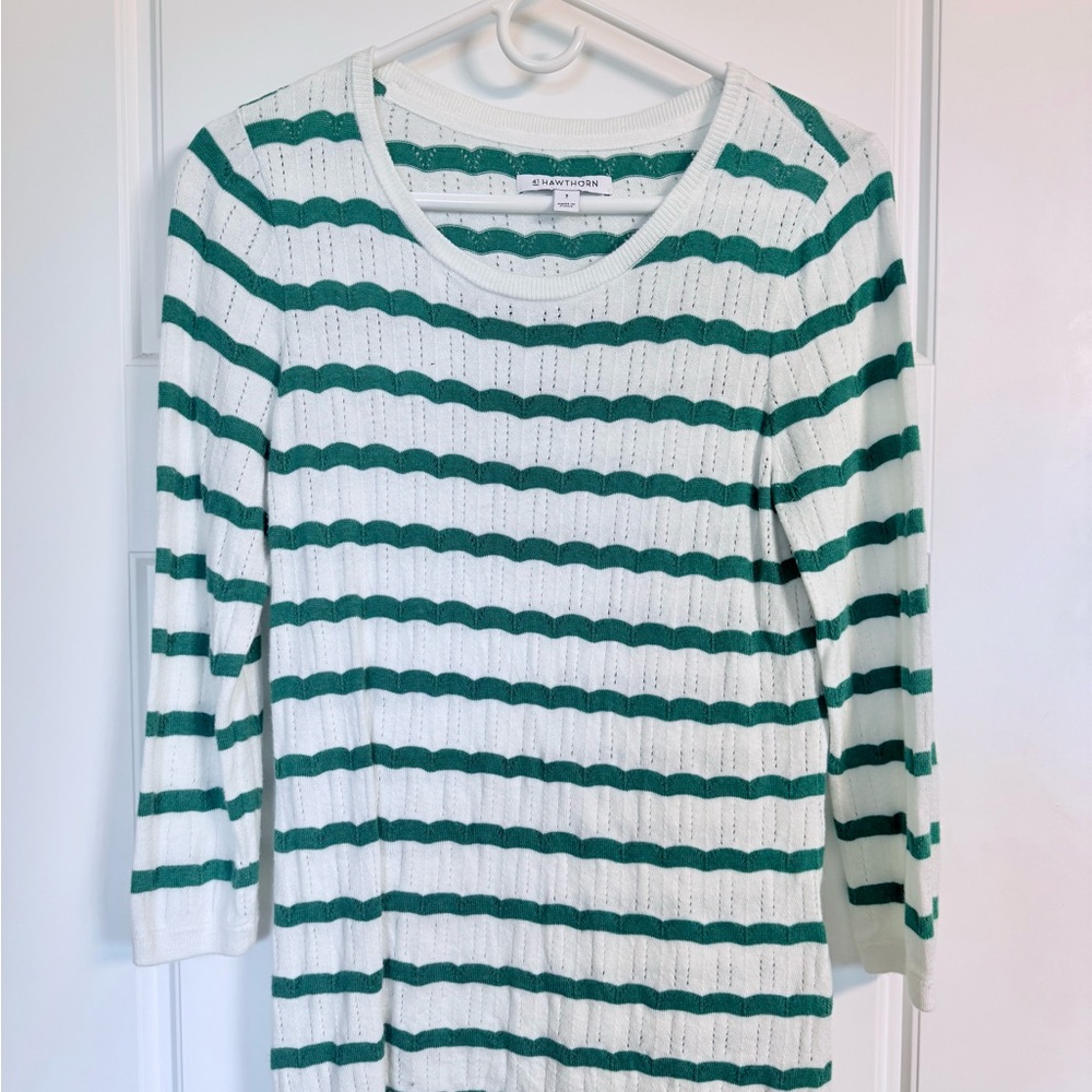 41 Hawthorn White sweater with green scalloped stripes